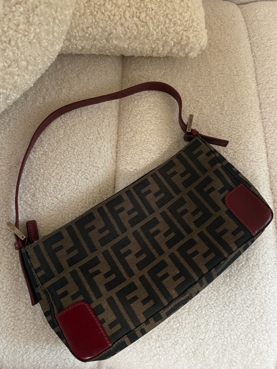 Fendi Handbags - Fendi Zucca FF Monogram Pochette Canvas & Leather Burgundy Shoulder Baguette Bag